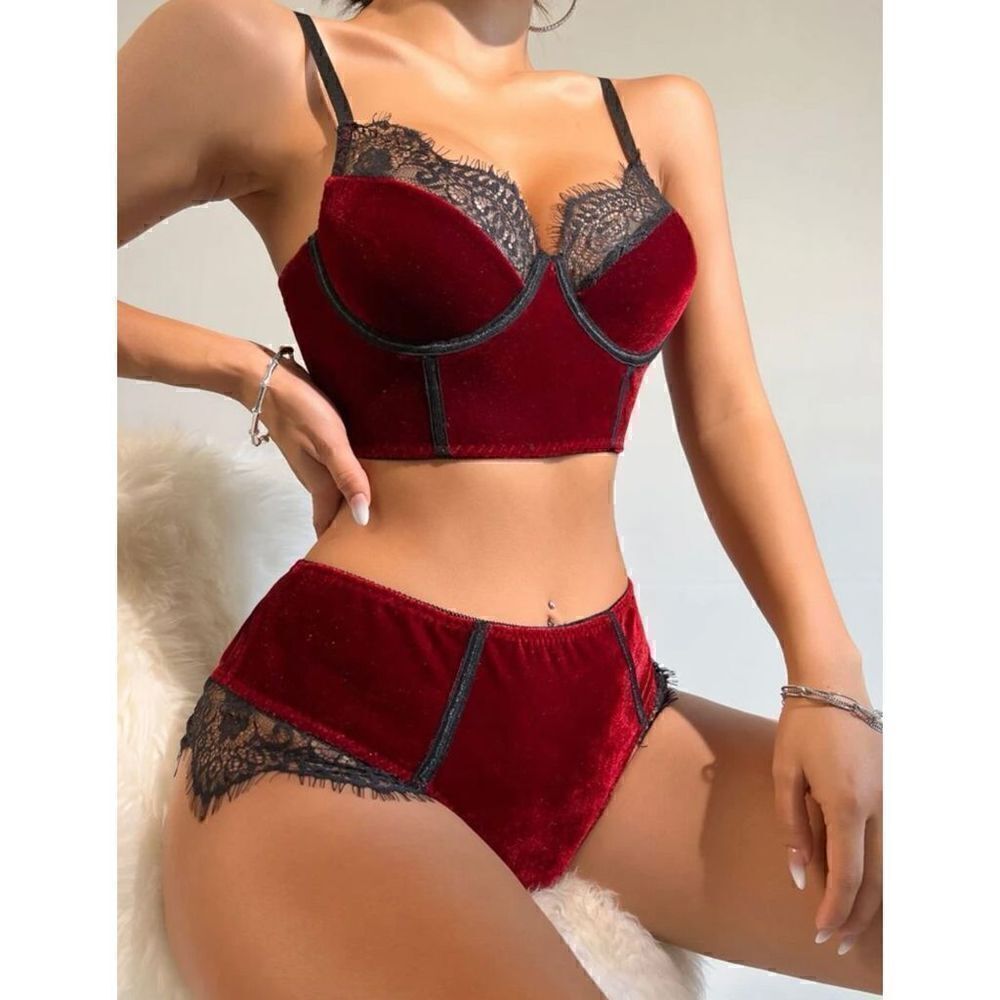 Sexy Tulle Lace Red Bra Lingerie Set